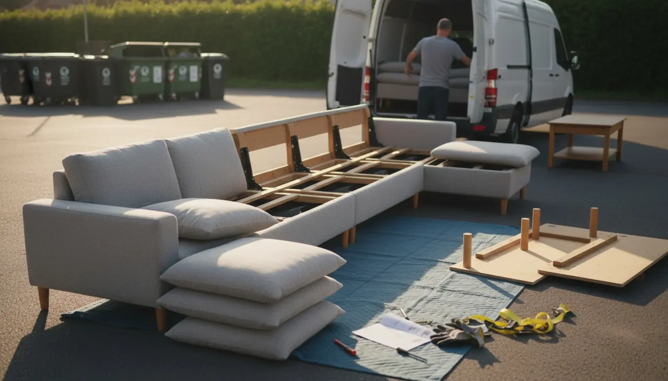 Stor modulsofa med chaiselong skilles ad og læsses i varevogn sammen med et nedtaget sofabord til genbrugspladsen.