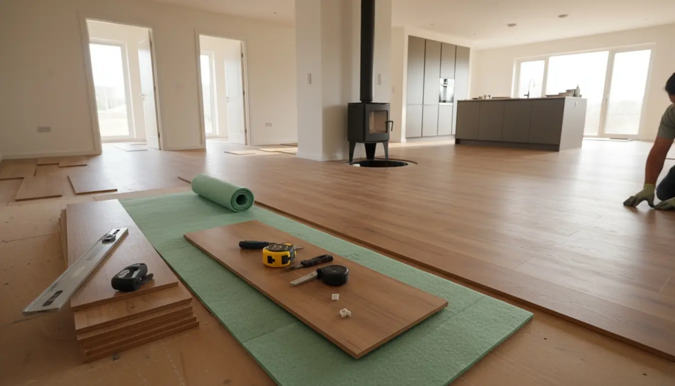 Akustisk vinylgulv lægges i et køkken-alrum med brændeovn stående på det færdige gulv.