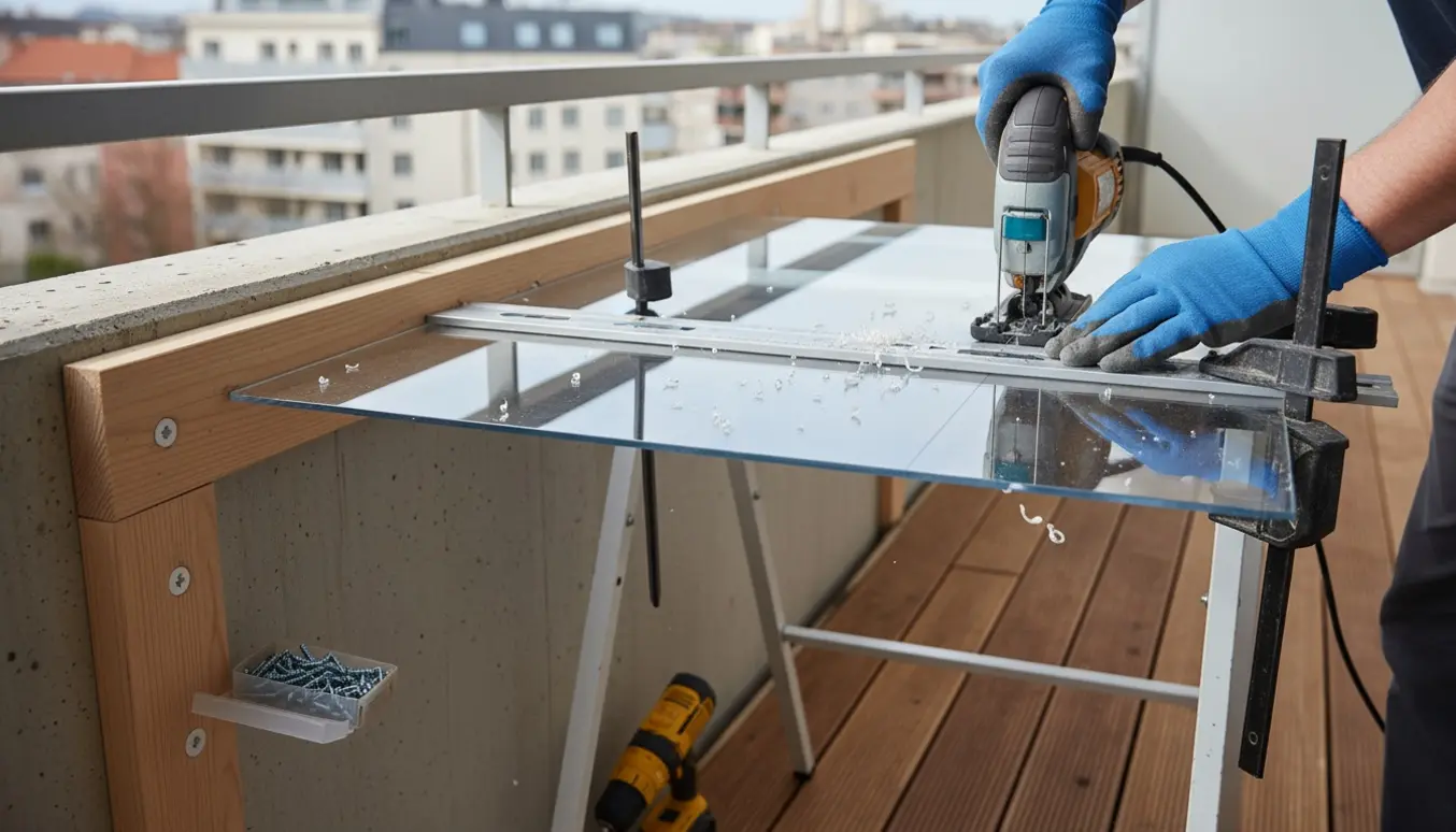 Plexiglasplade måles, skæres til og forberedes til montering på en altan med liste og skruer.