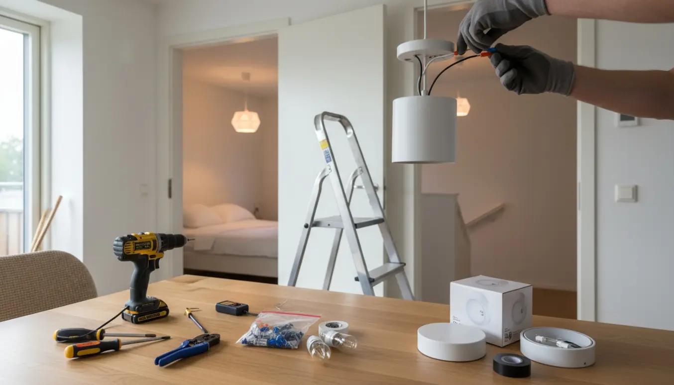 Installer monterer en loftpendel over spisebordet med værktøj og ekstra lamper på bordet i et lyst hjem.