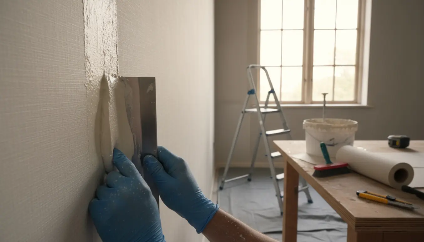 Nærbillede af hænder, der spartler og opsætter filt på væg og loft i et rum under renovering.