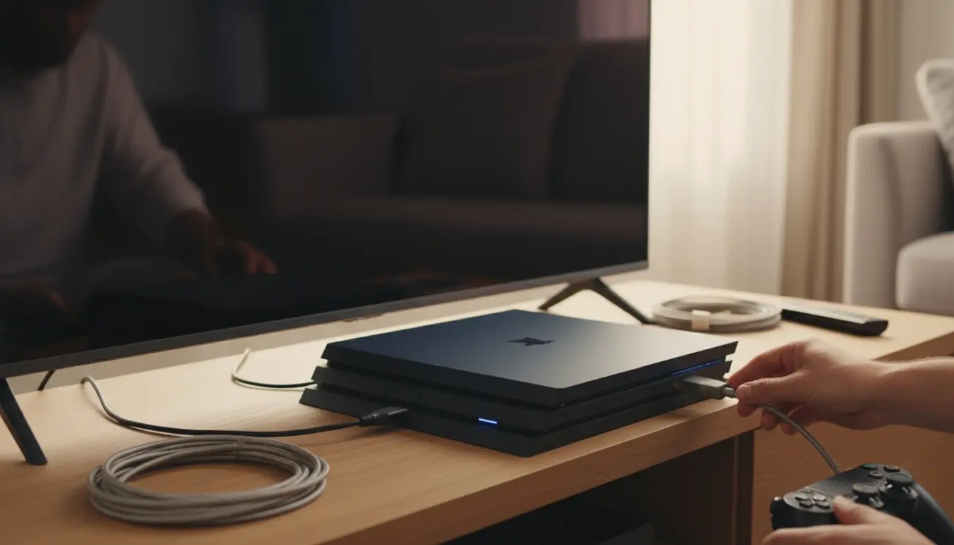 En hånd sætter et HDMI-kabel i en PlayStation 4 foran en tom tv-skærm i en lys stue.