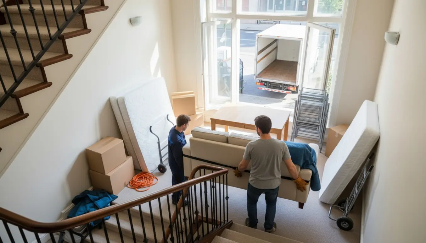 To flyttemænd bærer en sofa ned ad trappen mod en åben flyttebil med indpakkede madrasser og flyttekasser.