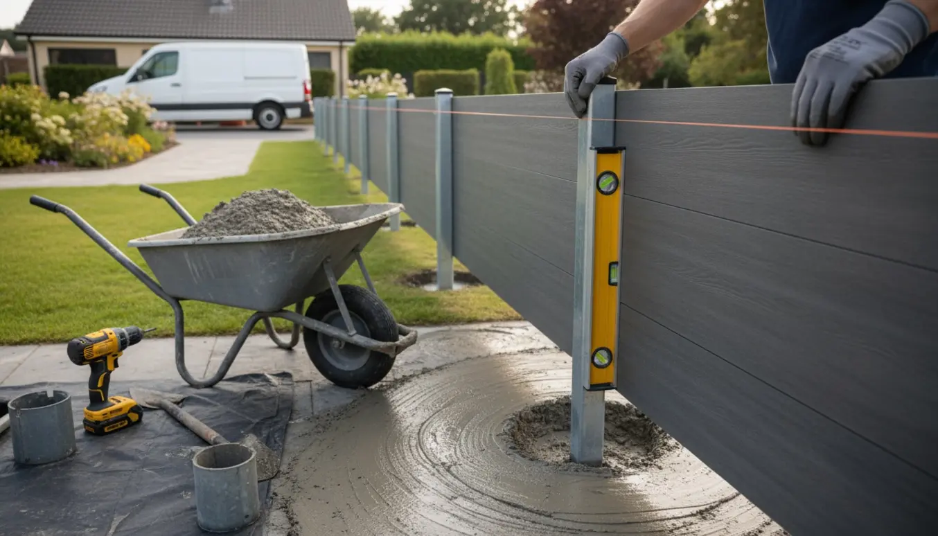 Nyt komposithegn monteres med stålsøjler støbt i beton i en baghave, håndværker justerer et panel.