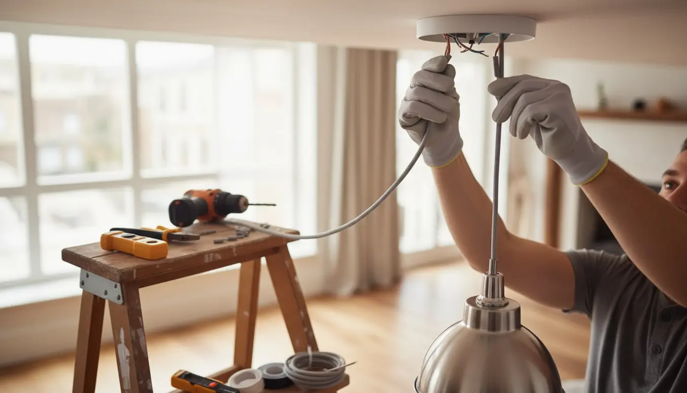 Nærbillede af hængende loftslampe, hvor hænder tilslutter forlængelse af ledning i en hvid loftroset.