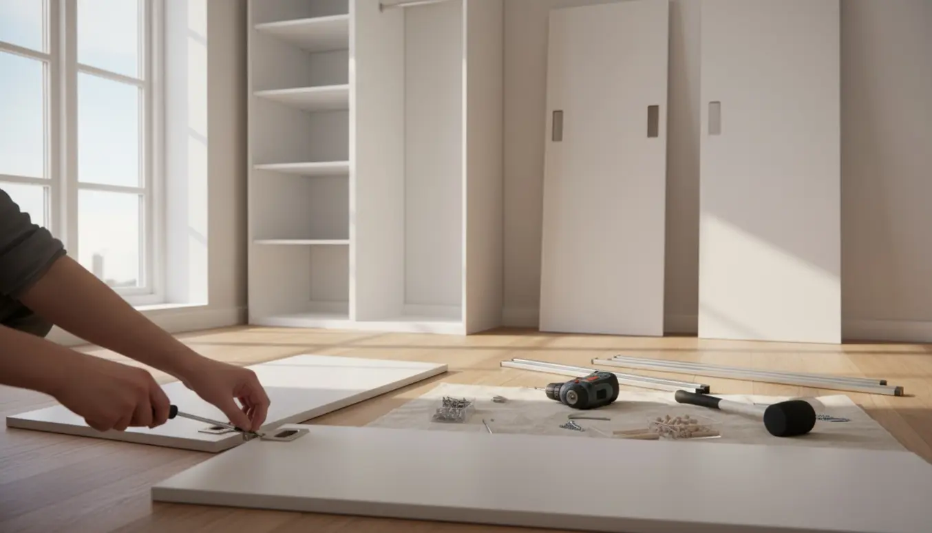 Nærbillede af hænder, der monterer låge på et PAX-stil garderobeskab i et lyst, skandinavisk værelse.