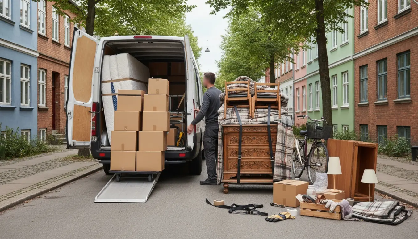 Åben flyttevogn på en københavnsk villavej med flyttekasser, møbler og en cykel klar til transport.