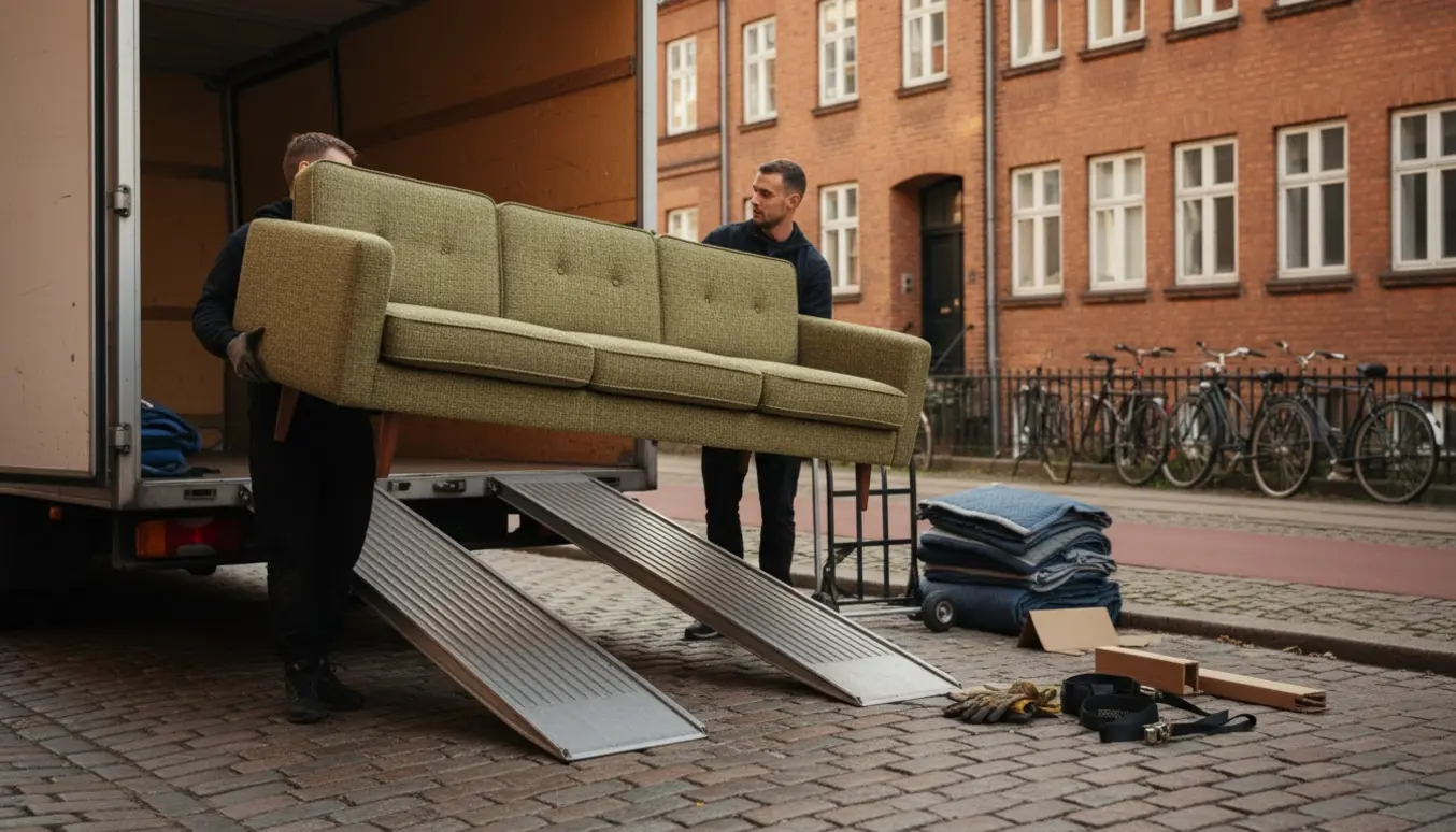 Flyttefolk læsser en sofa ind i en varevogn på en københavnsk gade med cykler og røde murstensbygninger i baggrunden.