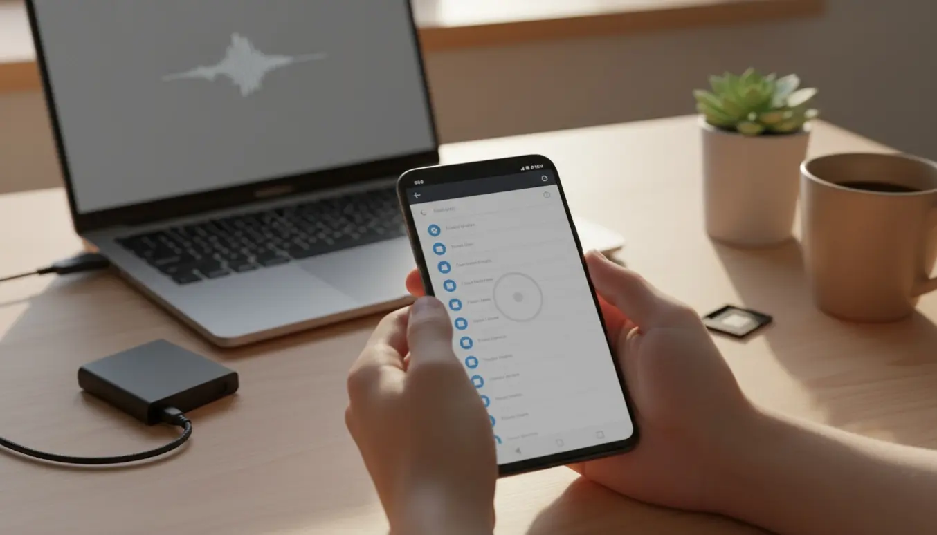 Nærbillede af en Android-telefon på et skrivebord, hvor kontakter gendannes med tilsluttet laptop og kabel.