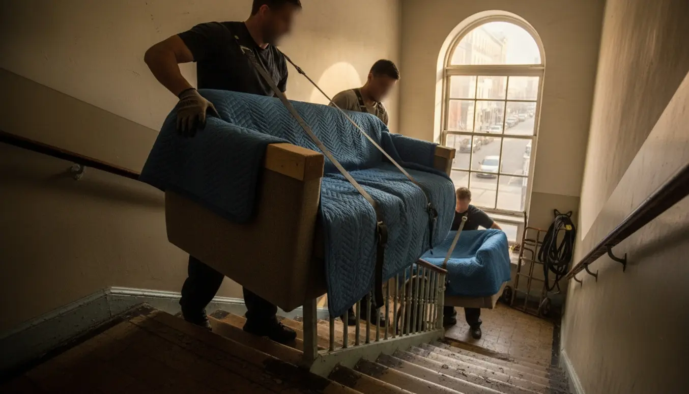 To flyttemænd løfter en tung sofa op ad en smal trappe fra 4. sal, mens en let sofa bæres ned.