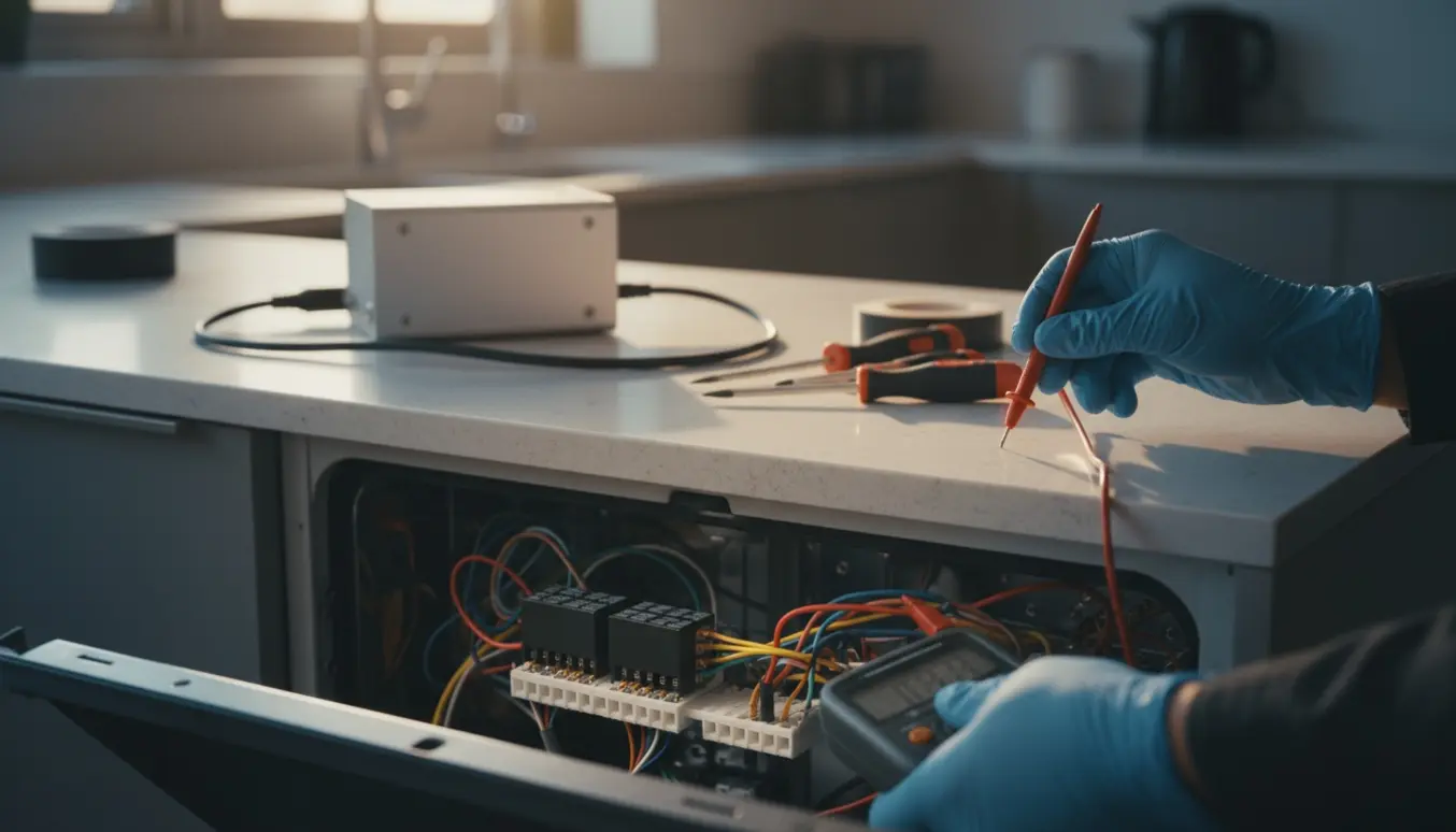 Hænder måler opvaskemaskinens åbne kabelpanel med multimeter, mens en Hi‑Fi‑forstærker står på køkkenbordet.