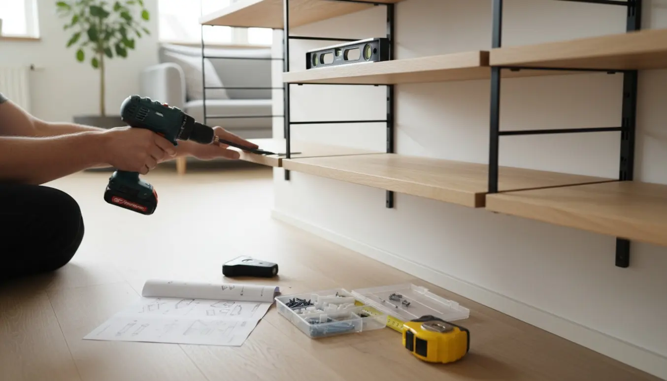 Hænder monterer et moderne vægreolsystem med boremaskine, skruer og værktøj i en lys stue.