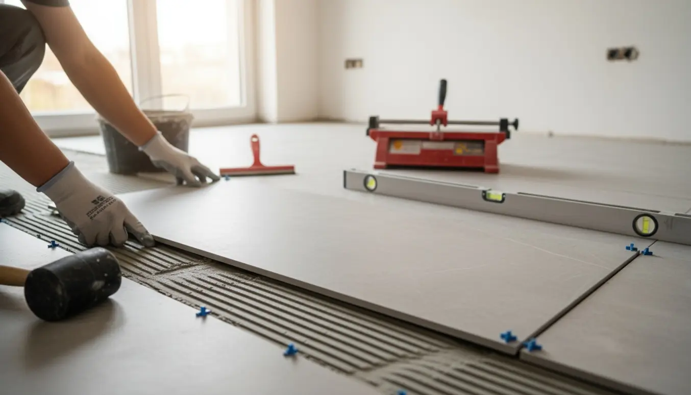 Lægning af store 60x120 italienske keramiske klinker i et lyst, moderne køkken med flisekryds og fugeværktøj.