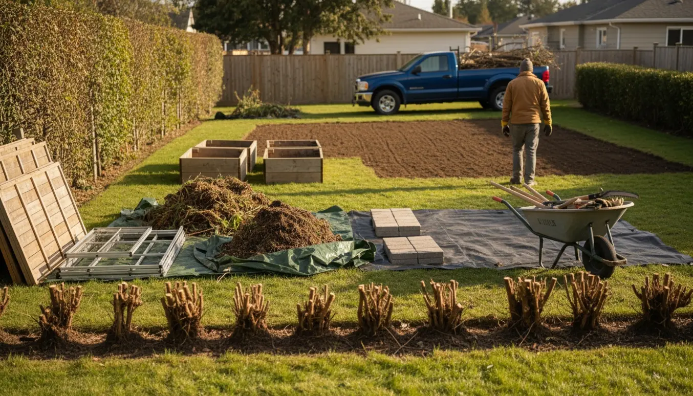 Rydning af baghave med fjernet hæk, nedtaget drivhus, stakke af materialer og jævnet jord klar til græs.