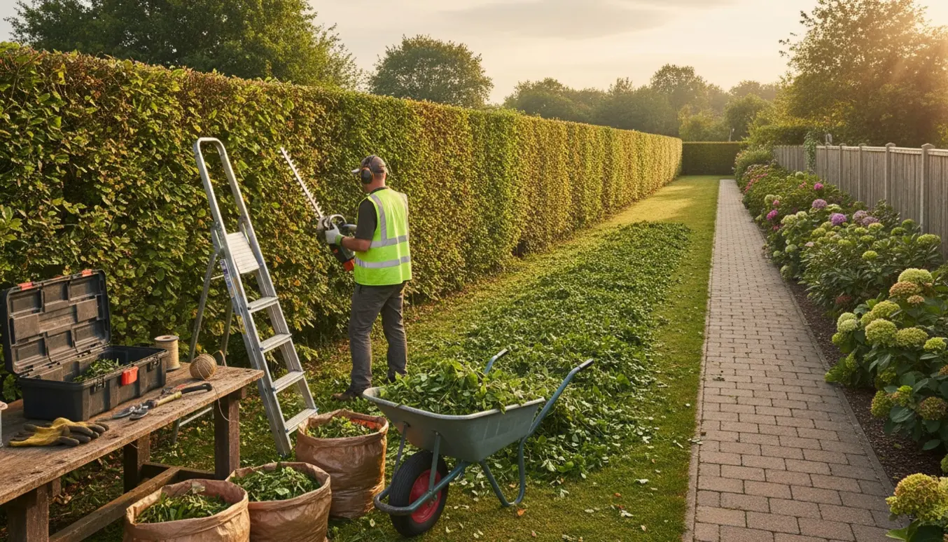 Gartner trimmer en 55 meter lang bøgehæk, med værktøj og affald i en trillebør.