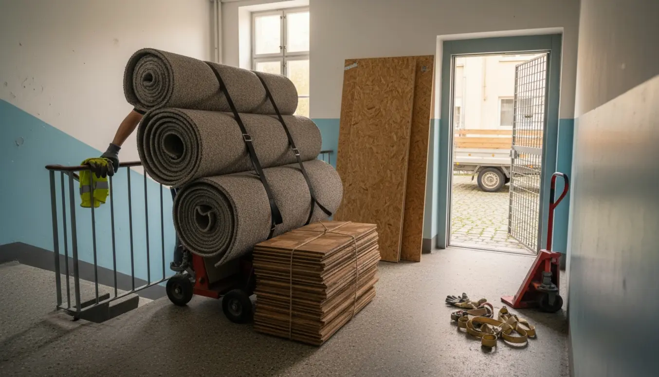 Rullede væg-til-væg-tæpper, stakke af parket og OSB-plader ved elevatoren klar til bortskaffelse.