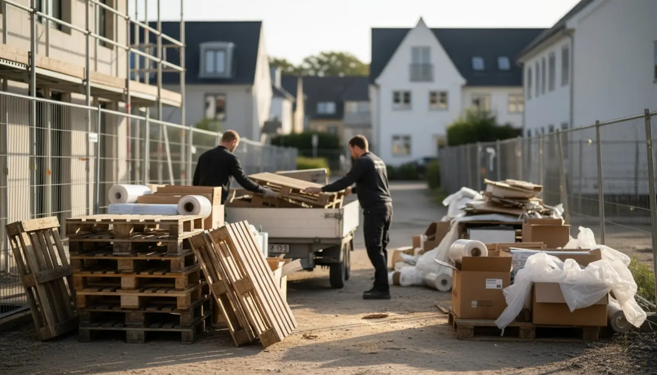 Byggeplads i Hellerup med træpaller, plast og pap samlet klar ved en trailer til bortkørsel.