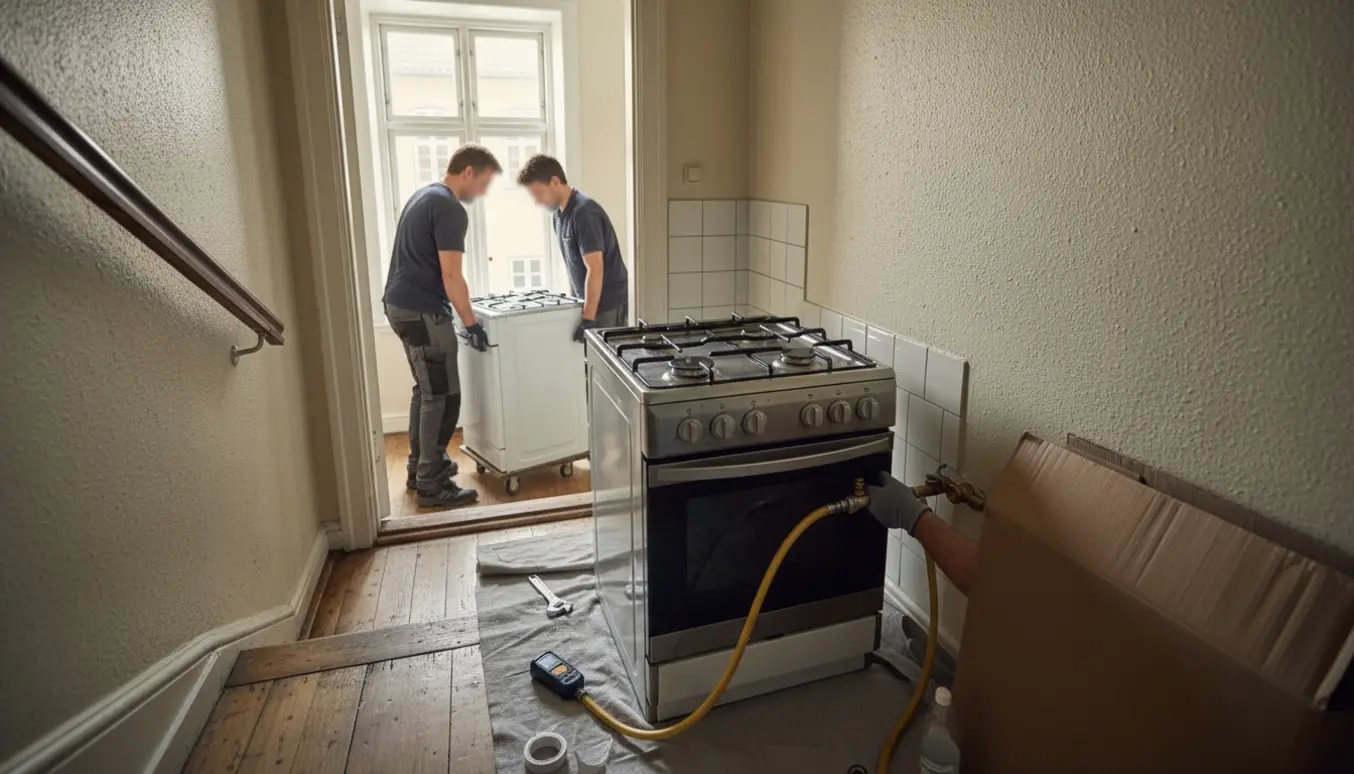 Mænd bærer et gammelt gaskomfur ned ad en smal trappe, mens en tekniker forbinder et nyt gaskomfur på opgangen.