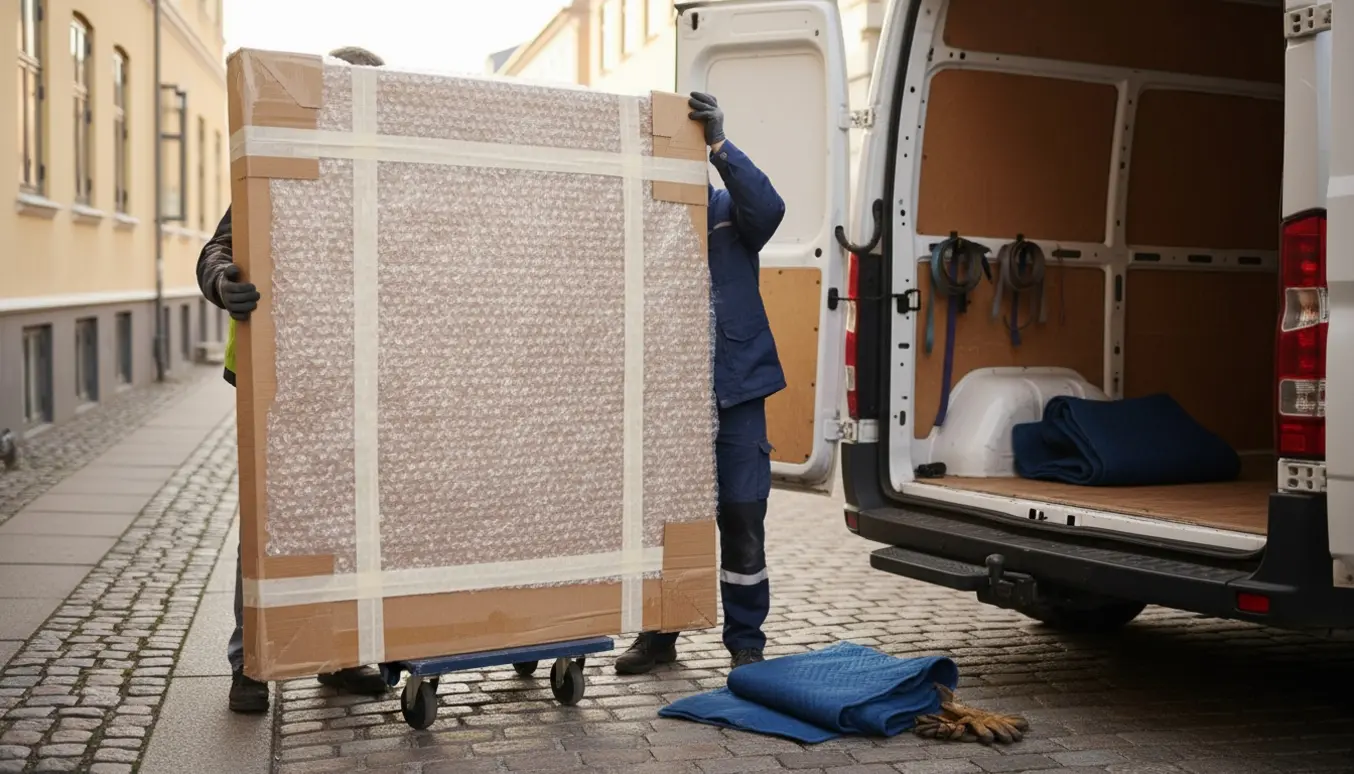 Stort indpakket maleri læsses forsigtigt ind i en varevogn på en stille dansk gade.