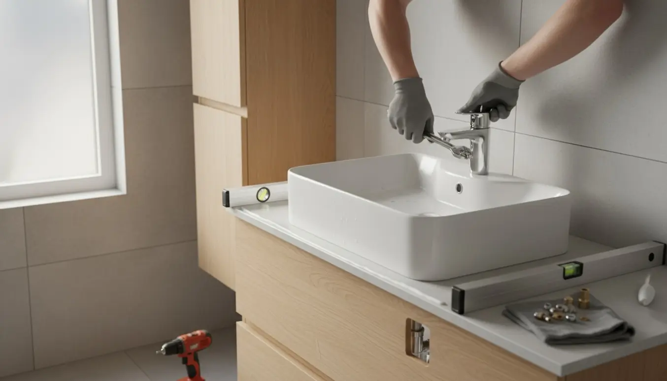 Installatørs hænder monterer vask og blandingsbatteri i et lyst skandinavisk badeværelse med højskab og vaskeskab.