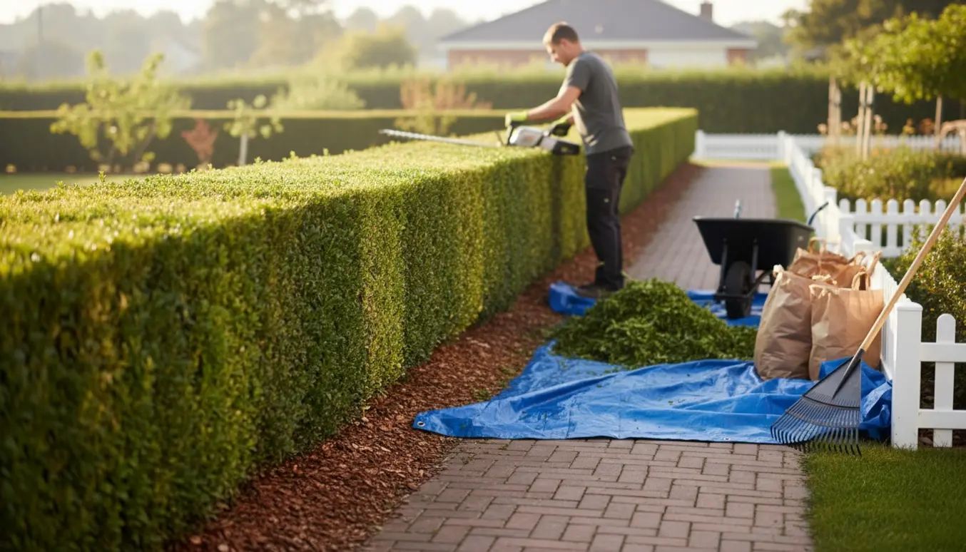Hækklipning i en velholdt have med en håndværker bagfra, hækkeklipper og opsamlede afklip i trillebør.