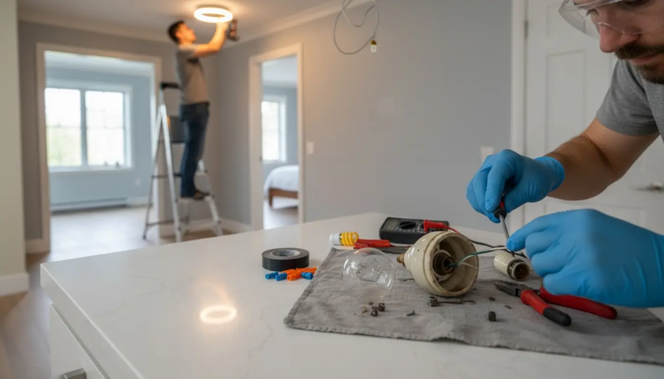 Hænder reparerer en gammel køkkenlampe på køkkenbordet, mens en ny loftslampe monteres i gangen.