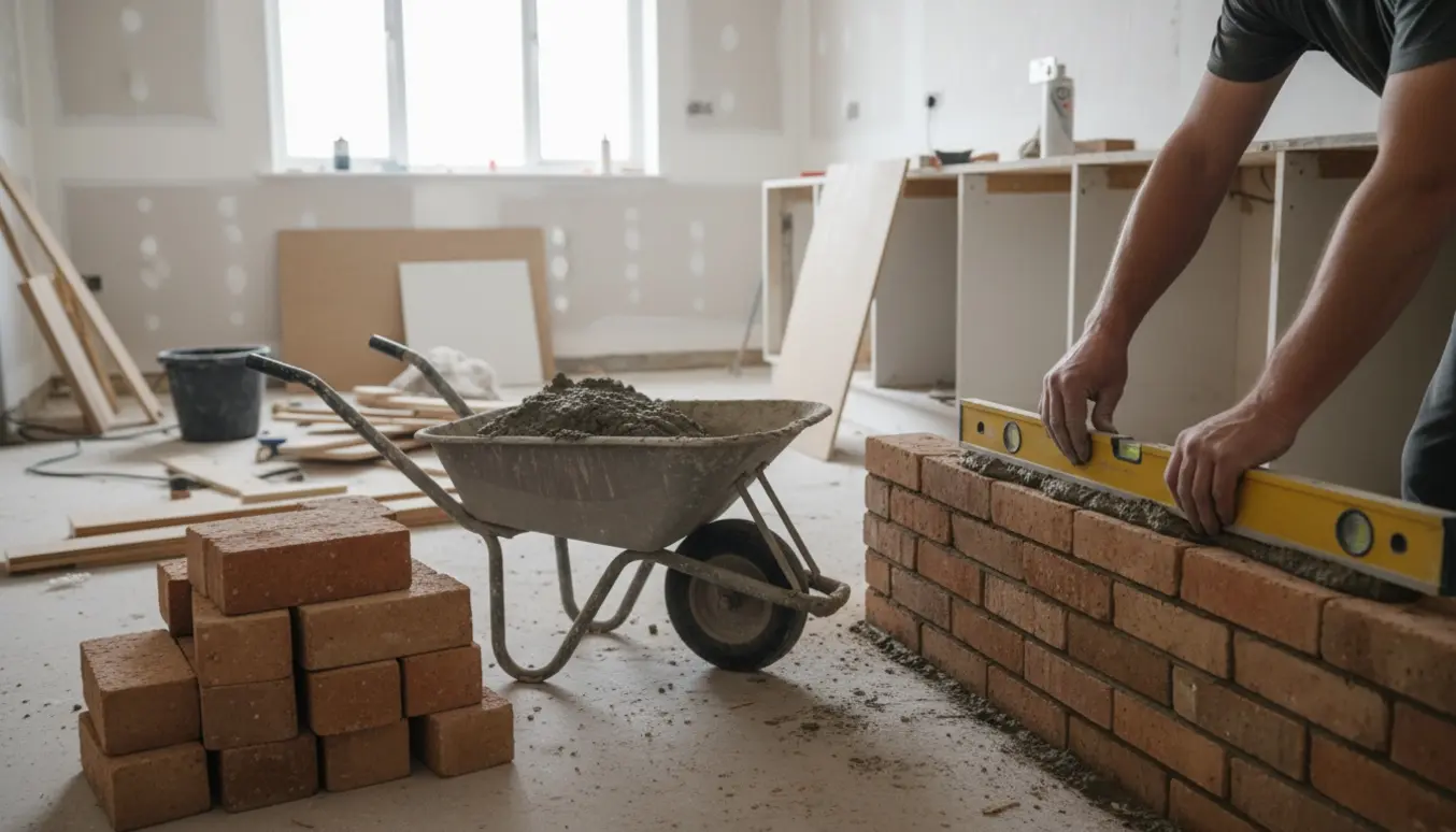 Murer arbejder med at genopbygge en væg i et nedrevet køkken med mursten og mørtel.