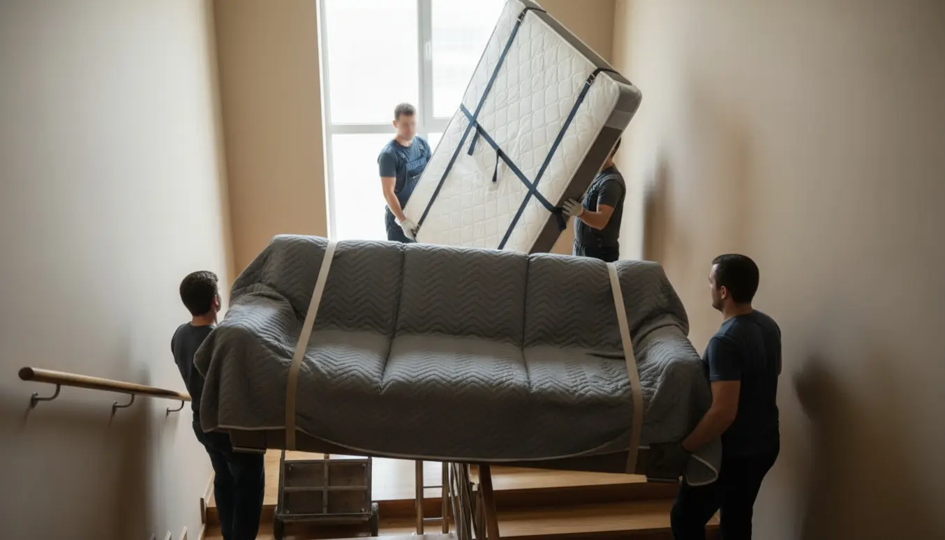 To personer løfter en 120 boxmadras op ad en trappe, mens en 3-personers sofa bæres ned ad en trappe i en opgang.