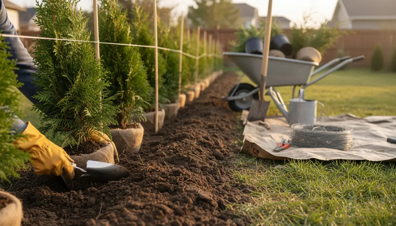 Lang række nyplantede hækplanter i en opgravet rende med spade, trillebør og snor i blødt naturligt lys.