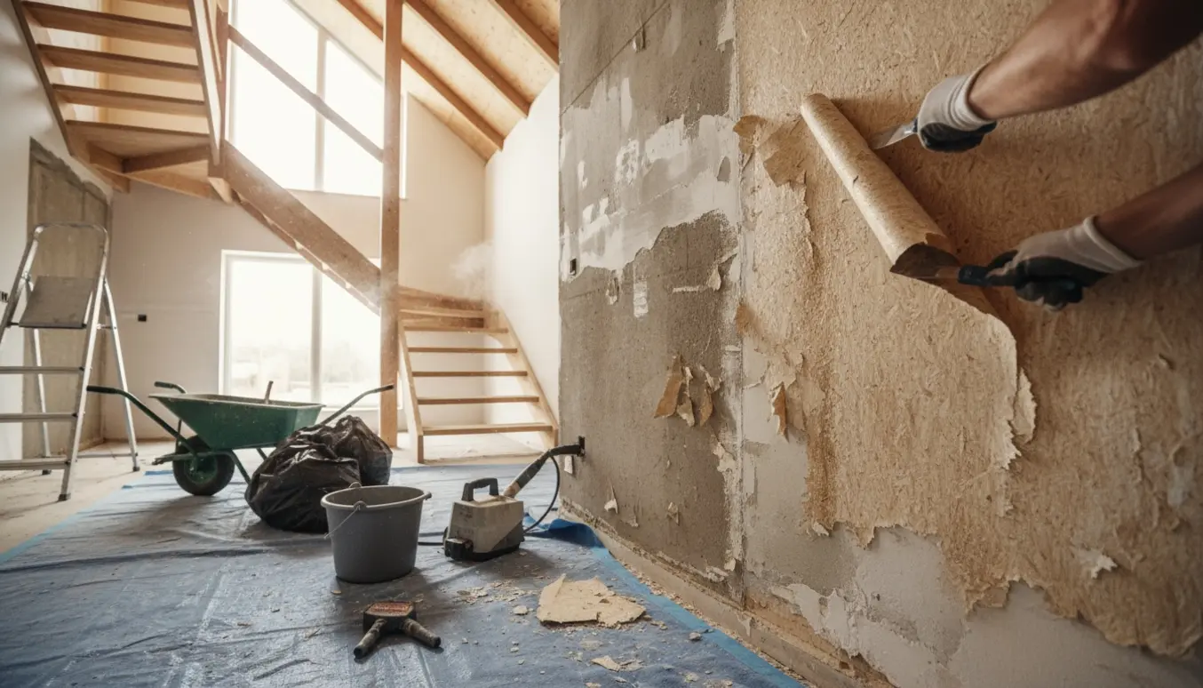 En hånd skraber savsmuldstapet af en umøbleret væg i et hus med trappe og skråvægge.