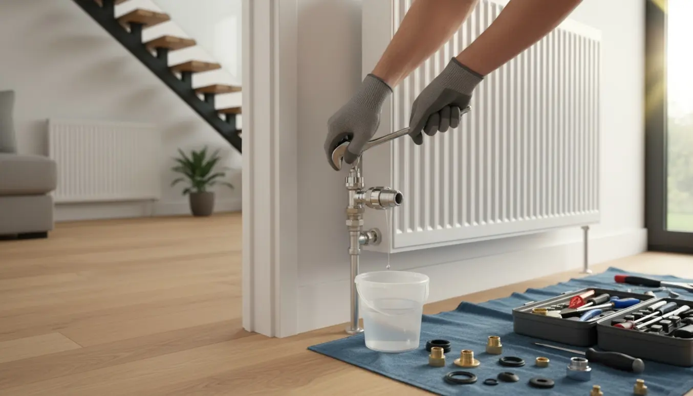 Hænder skifter termostatventil på en radiator i en lys stue med værktøj og en trappe til 1. sal i baggrunden.
