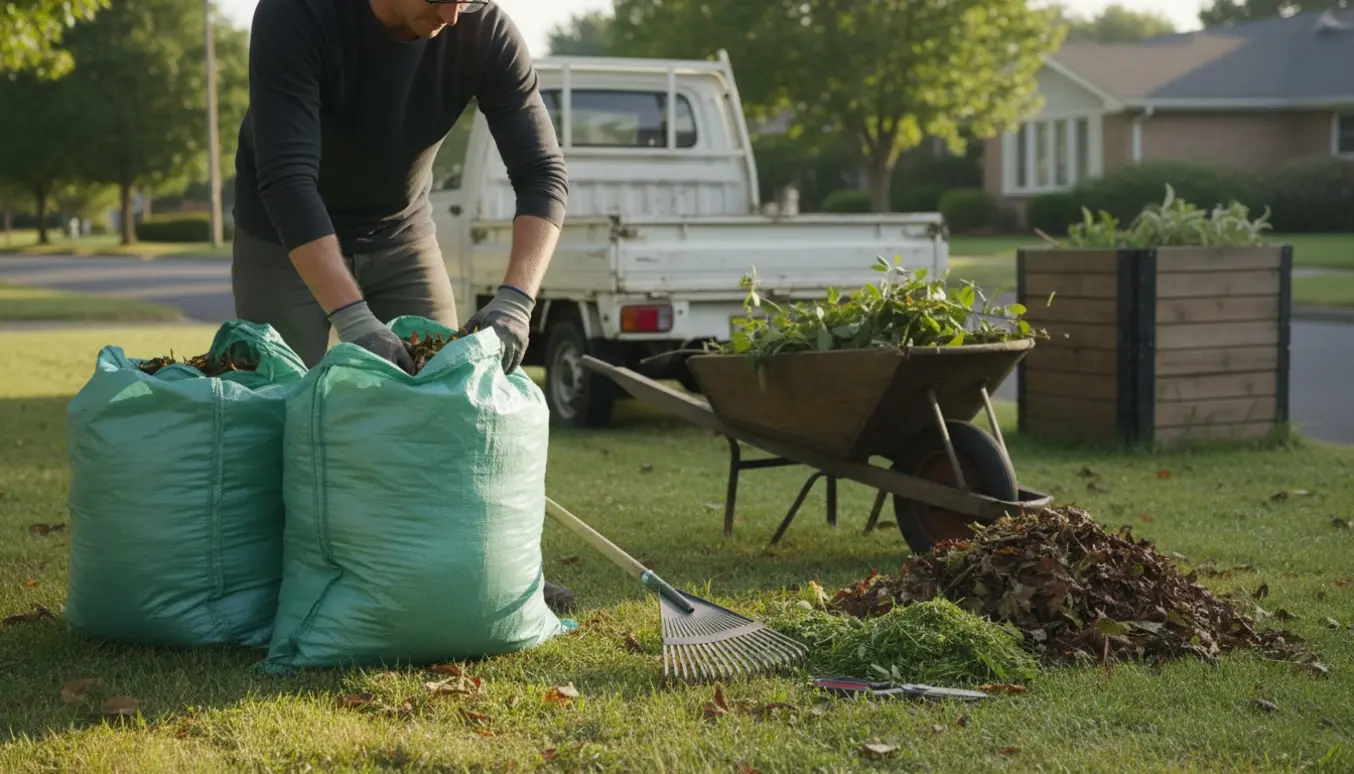 To store haveaffaldssække klar til afhentning ved fortovet med redskaber og en varebil i baggrunden.