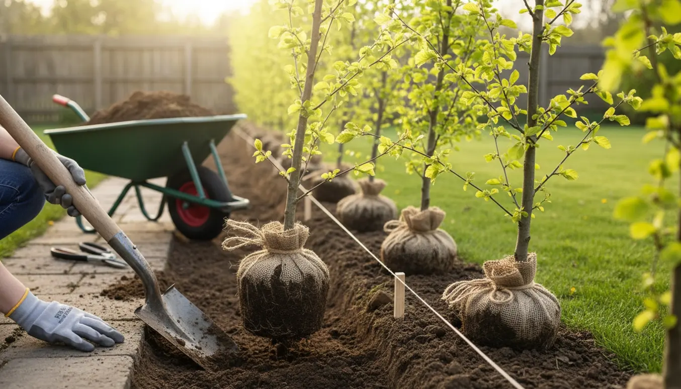 Nærbillede af omplantning af en bøgehæk med hænder, spade og rodklump ved en tydelig plantelinje.