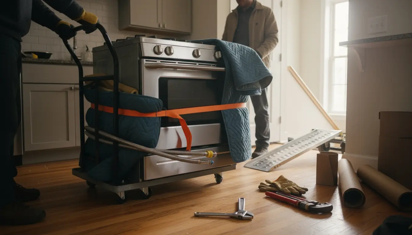 Afmonteret gaskomfur pakket i flyttetæpper på en flyttedolly i en lejlighed, klar til bortskaffelse.