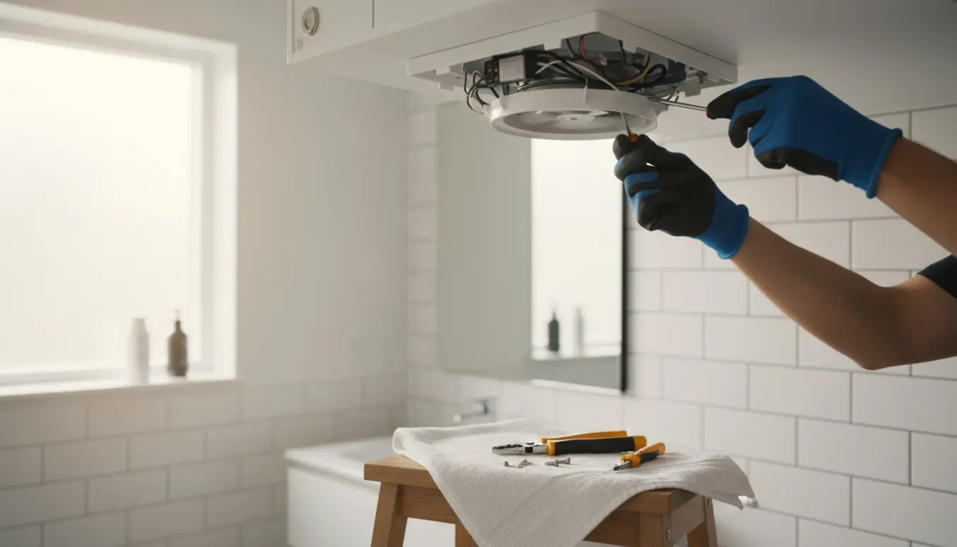 Hænder fjerner dæksel fra en kørende badeværelsesventilator med værktøj ved siden af.