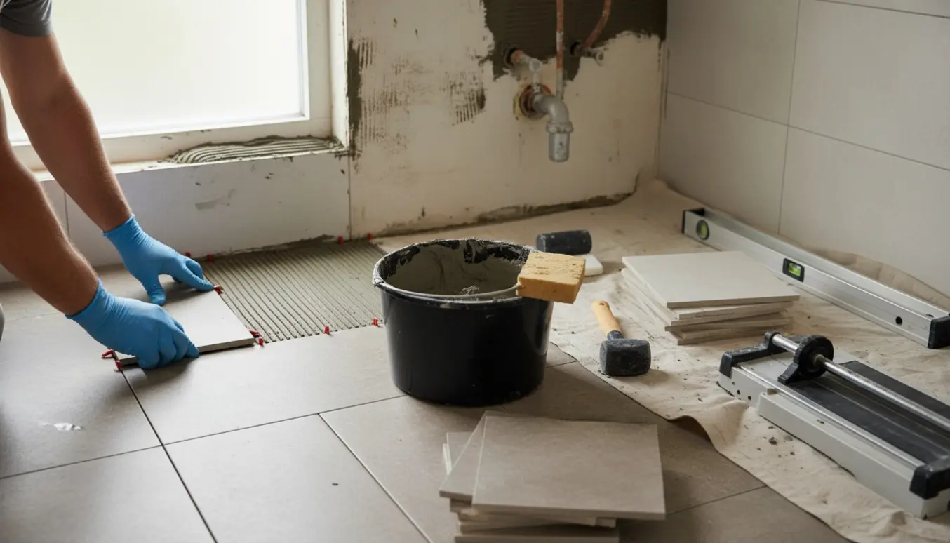 Nærbillede af hænder, der lægger fliser på gulv og væg i et badeværelse under renovering.