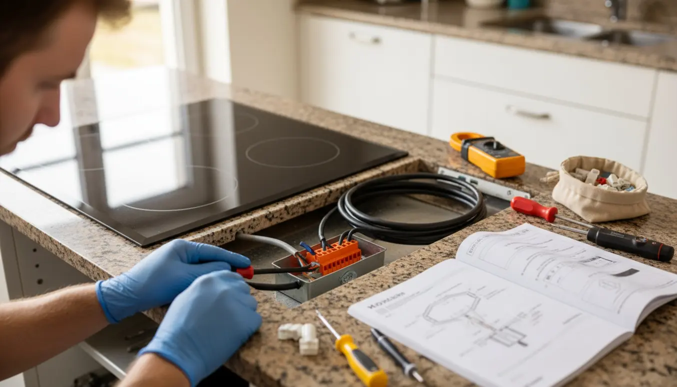 Elektriker tilslutter en ny induktionskogeplade i et moderne køkken med værktøj og kabler synlige.