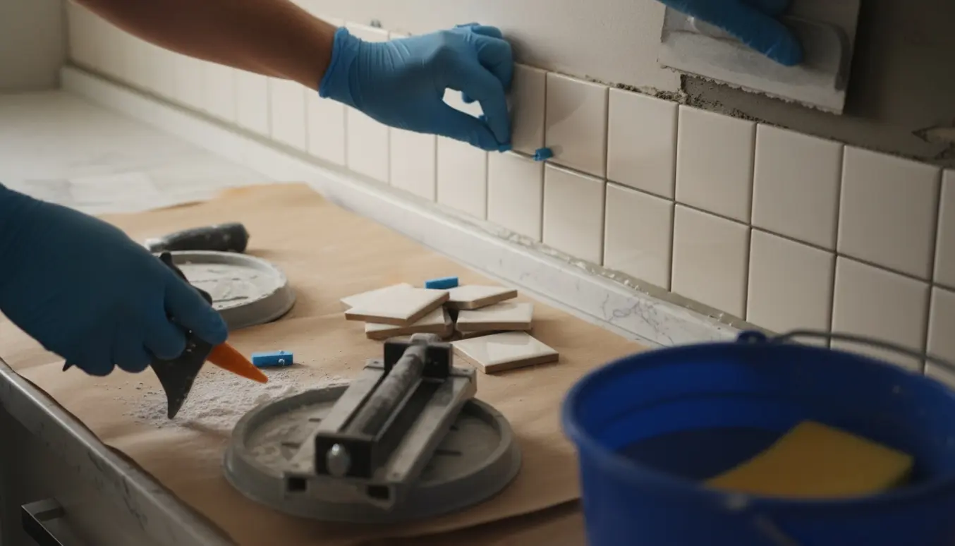 Nærbillede af hænder, der tilpasser og sætter små kvadratiske køkkenfliser, fuger og påfører silikone ved bordpladen.