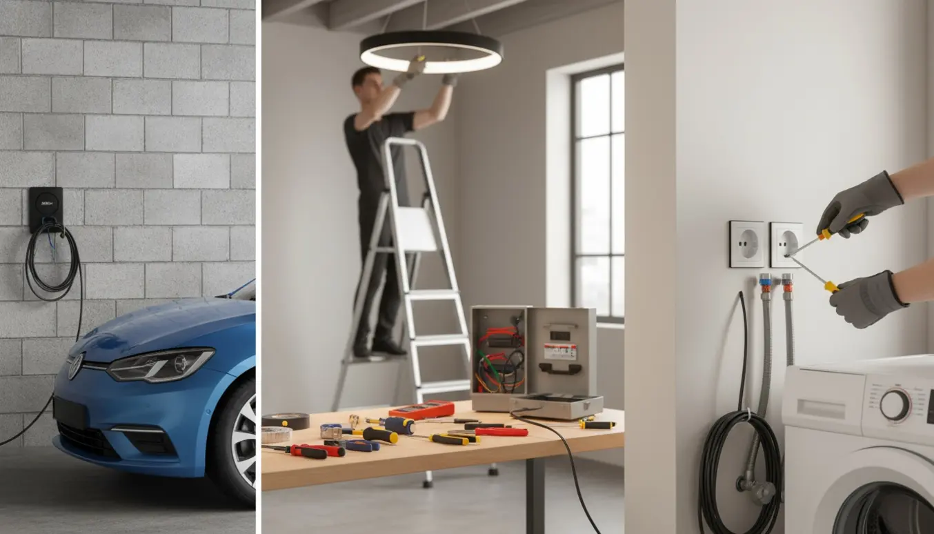 Gloved hænder installerer vaskemaskinestikkontakt, 240V ladeudtag i garage og en loftslampe med værktøj på et ryddeligt bord.