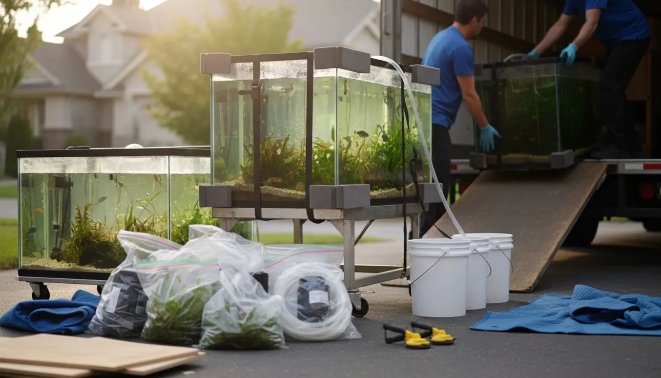 Store akvarier pakkes og læsses på en flyttebil med dolly og beskyttelsesudstyr.