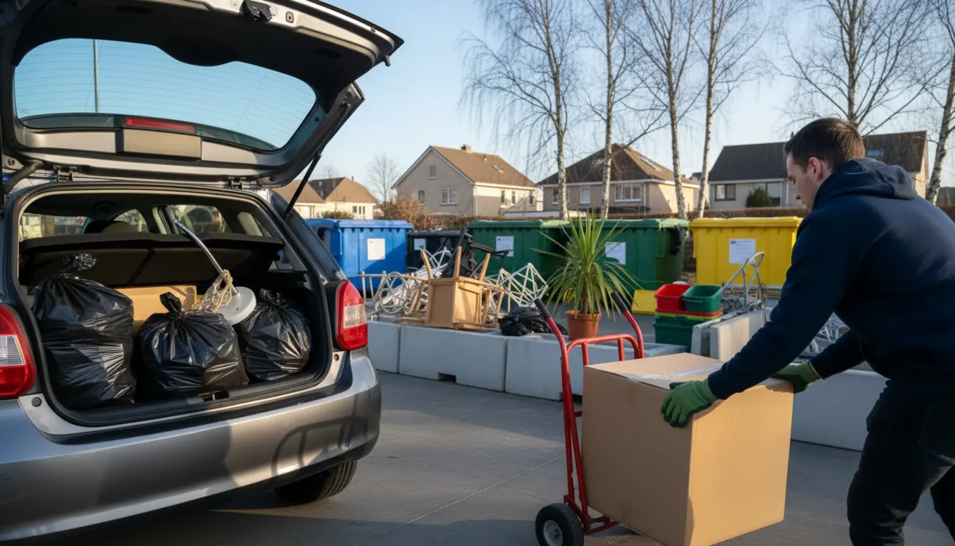 Åben bilbagagerum ved en genbrugsplads, hvor en person læsser poser og pap ud.
