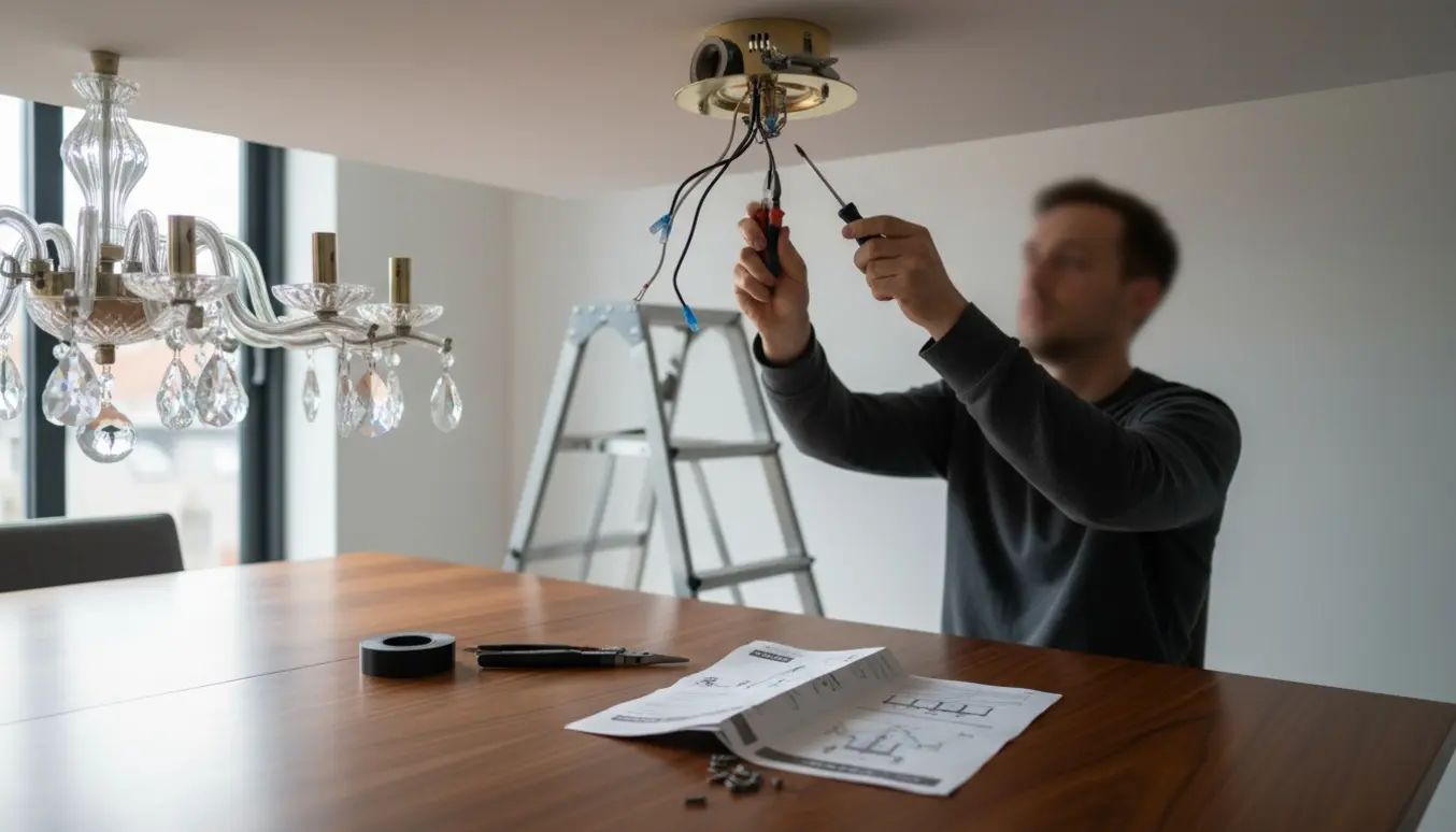 Montør klipper ledningen og monterer en lysekrone over et spisebord i en stue med lavt loft.