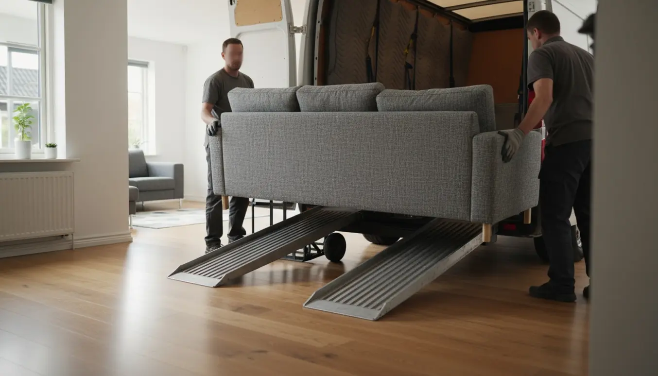 En lang sofa bæres op på en rampe ind i en flyttevogn mellem to danske parcelhuse, mens hjælpere holder i hver ende.