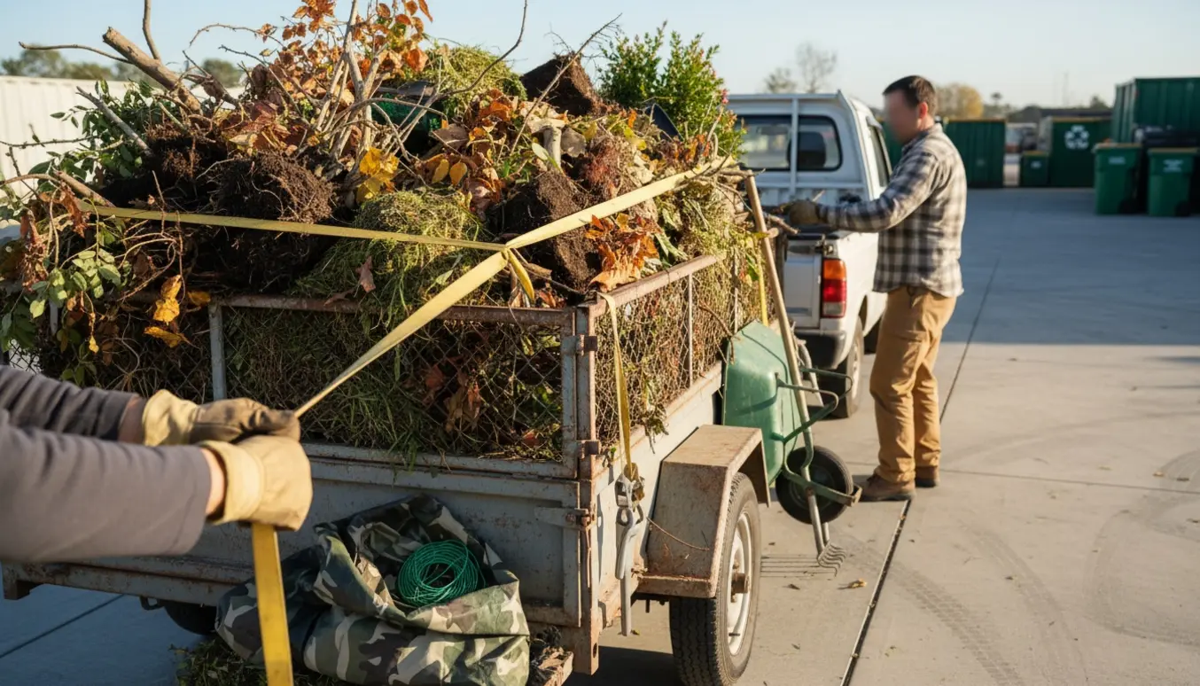 Pickup med trailer læsset med haveaffald klar til aflevering på genbrugsstationen.