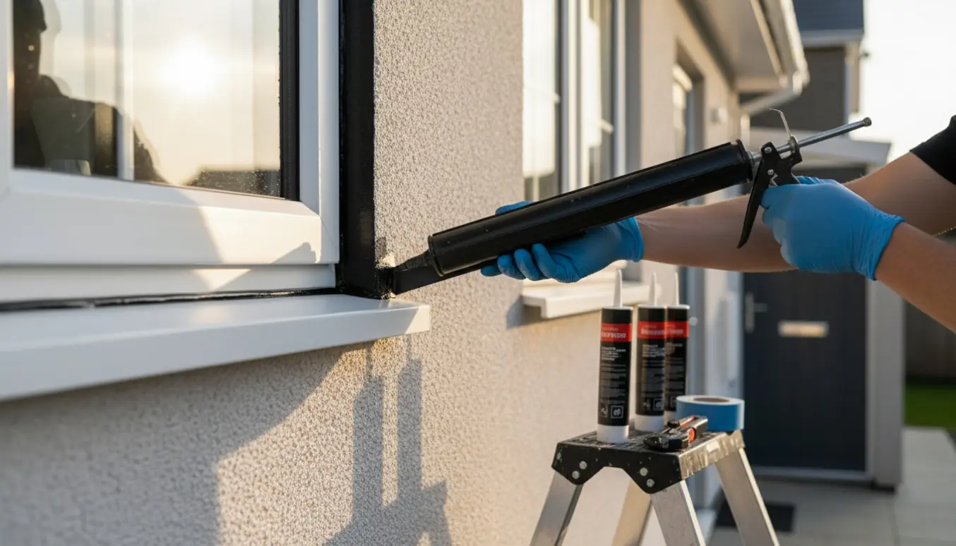Håndværker på stige påfører sort fugemasse langs en hvid vinduesramme på et parcelhus.