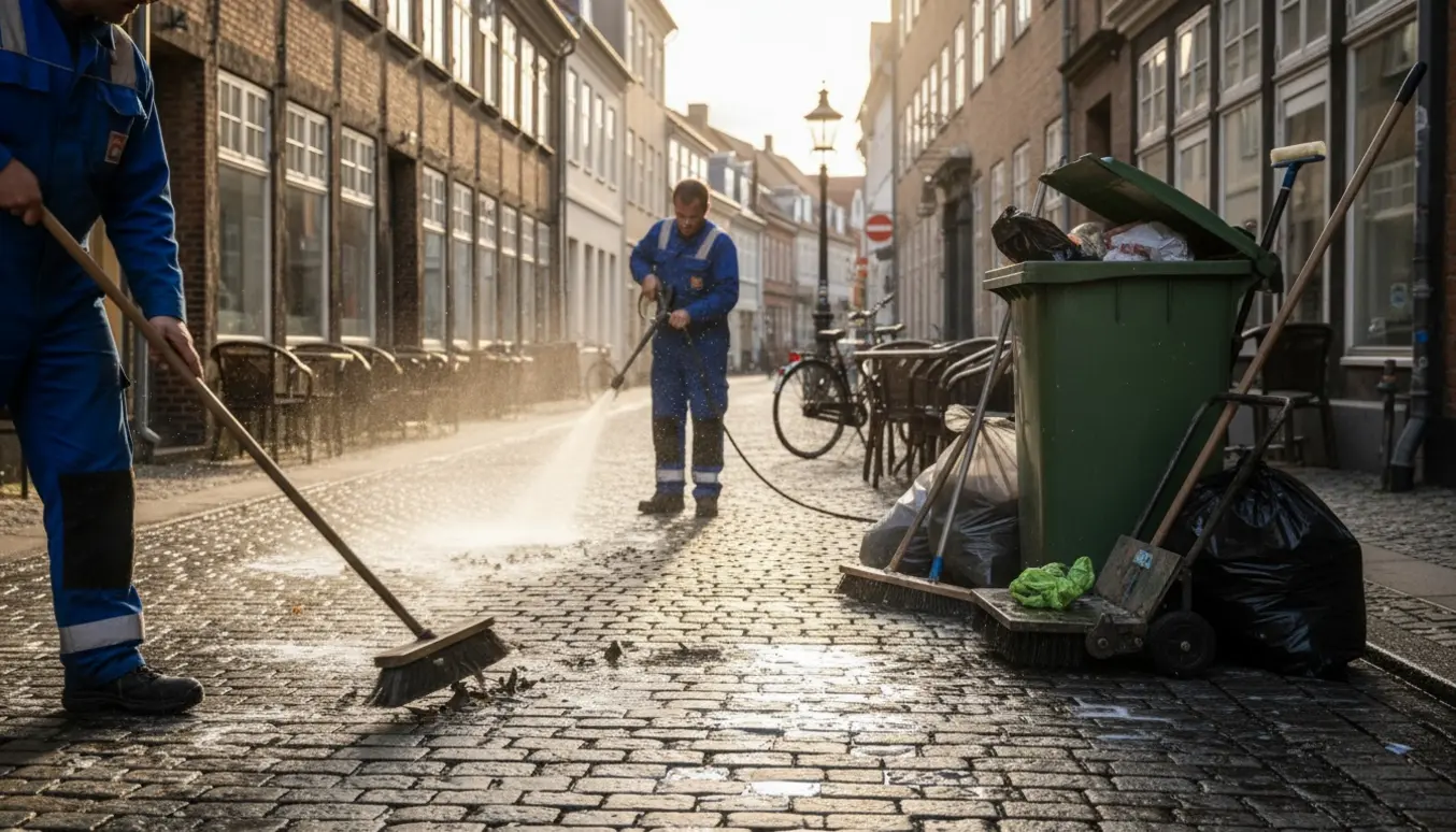 Kommunale rengøringsfolk fejer og højtryksrenser en gågade i Odense centrum ved solopgang.