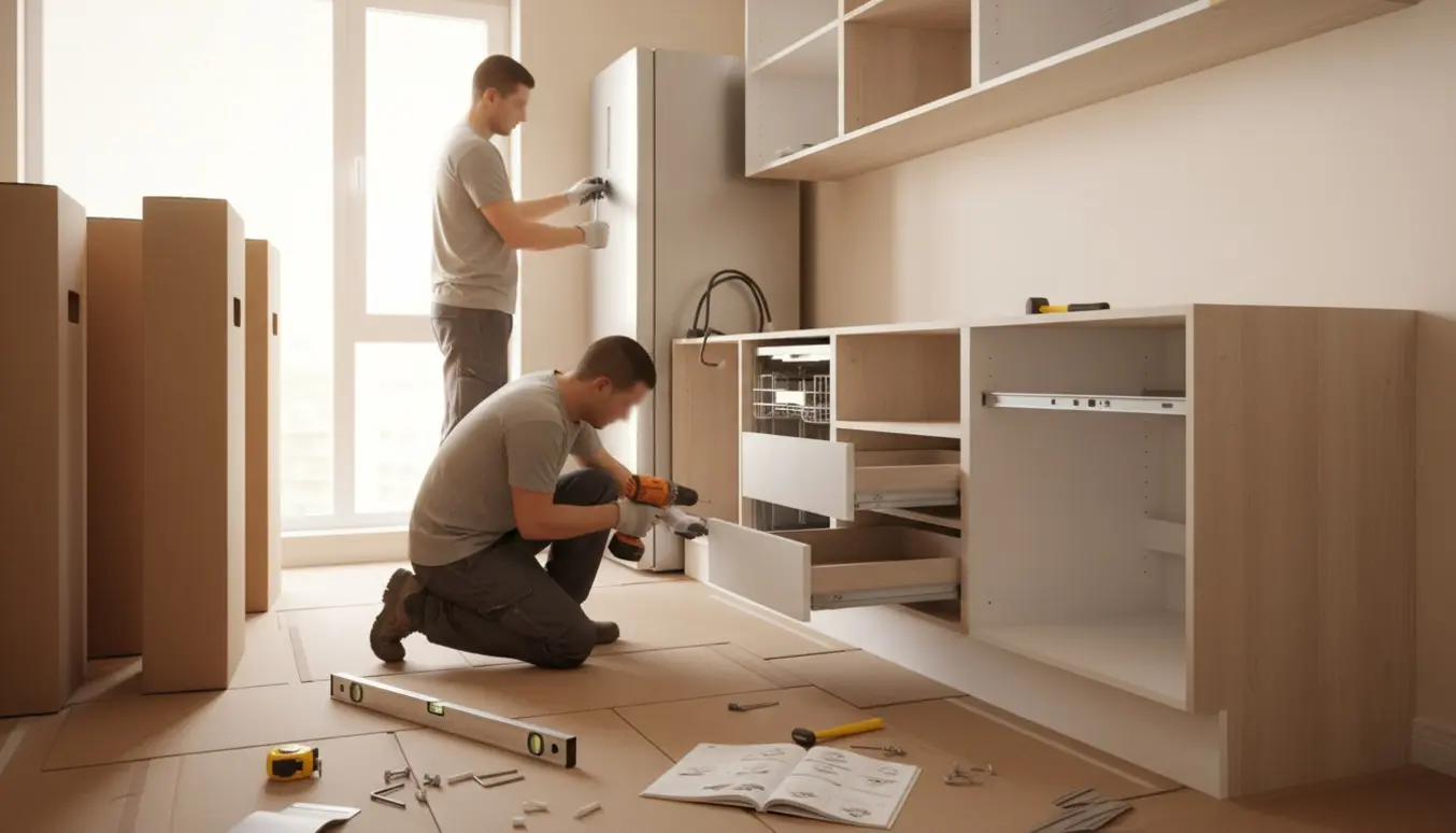 To personer monterer køkkenskabe og skuffer i et næsten færdigt køkken uden bordplade.