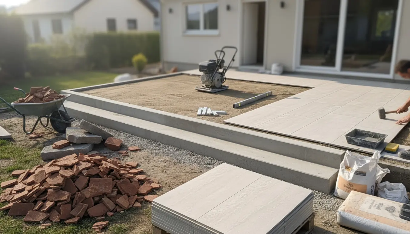 Renovering af forhave med nye fliser på trappe og terrasse, værktøj og fliser klar til lægning.