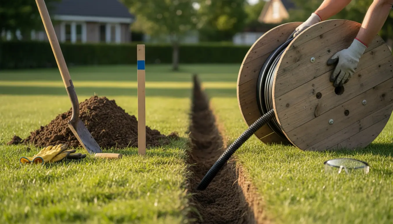 Et 15 meter langt kabel lægges i en 0,35 m dyb rille i en græsplæne med kabeltromle og værktøj i forgrunden.