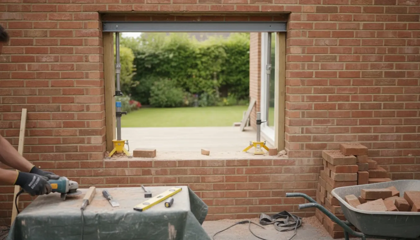 Delvist fjernet murstensvæg med et 2 x 1 meter hul klar til terrassedør, værktøj og beskyttelsesudstyr i forgrunden.